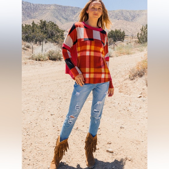 35 Boho Plaid Pattern Loose Fit Top - Picture 2 of 5